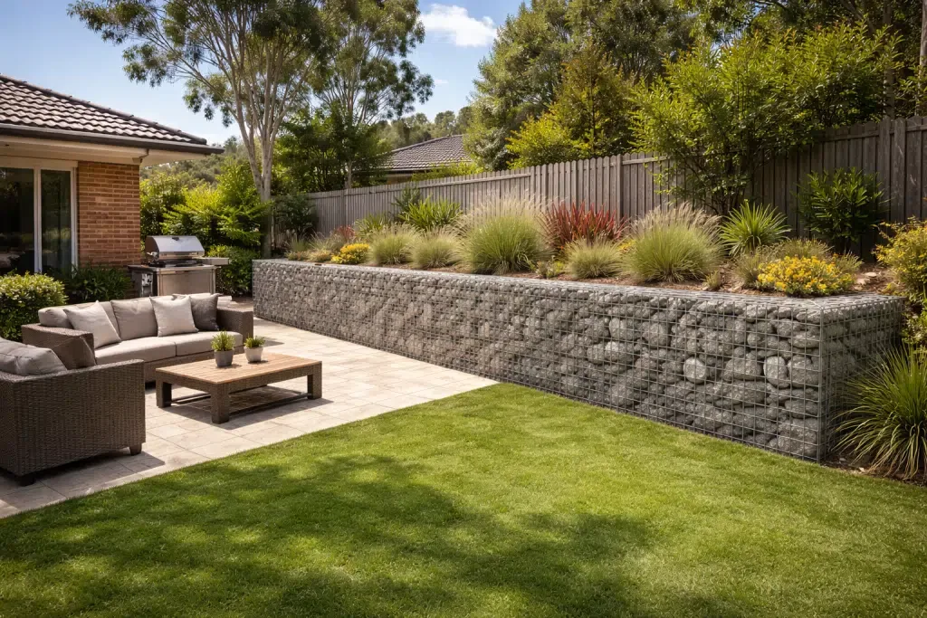 Outdoor lounge setting on a paved patio beside a garden bed