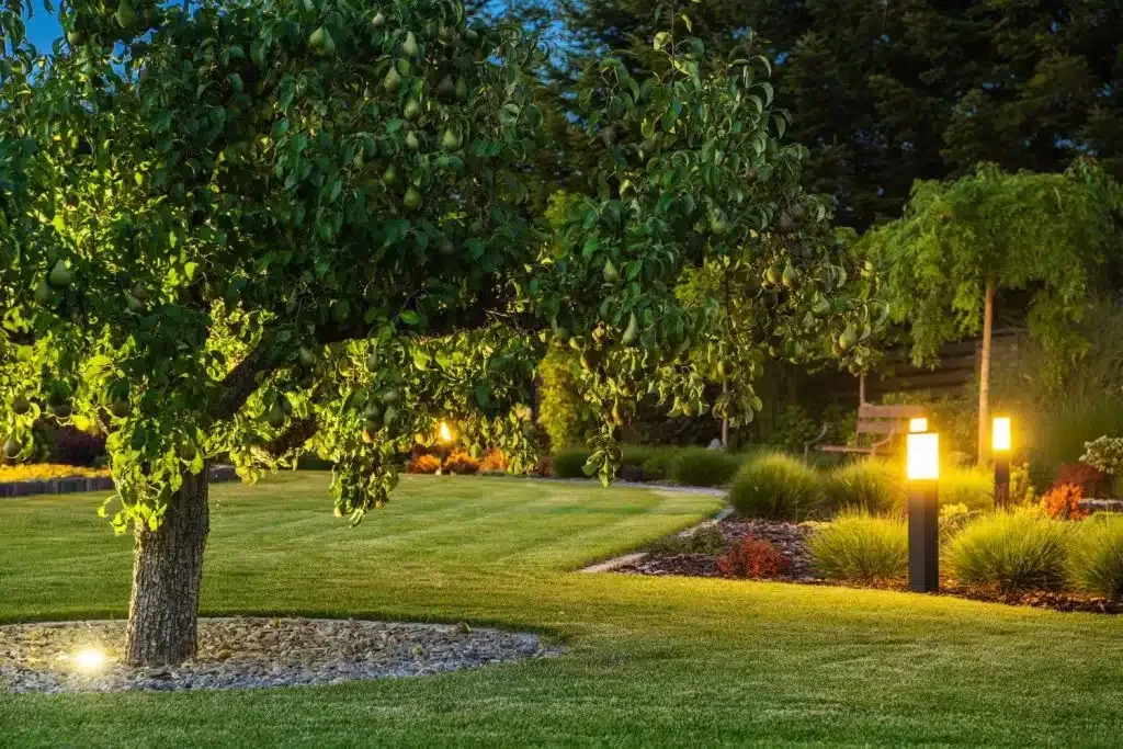 Garden lighting along a lawn and path at dusk