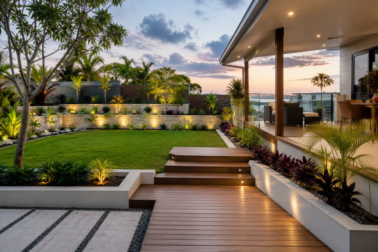 Twilight deck, retaining wall and steps in a landscaped backyard