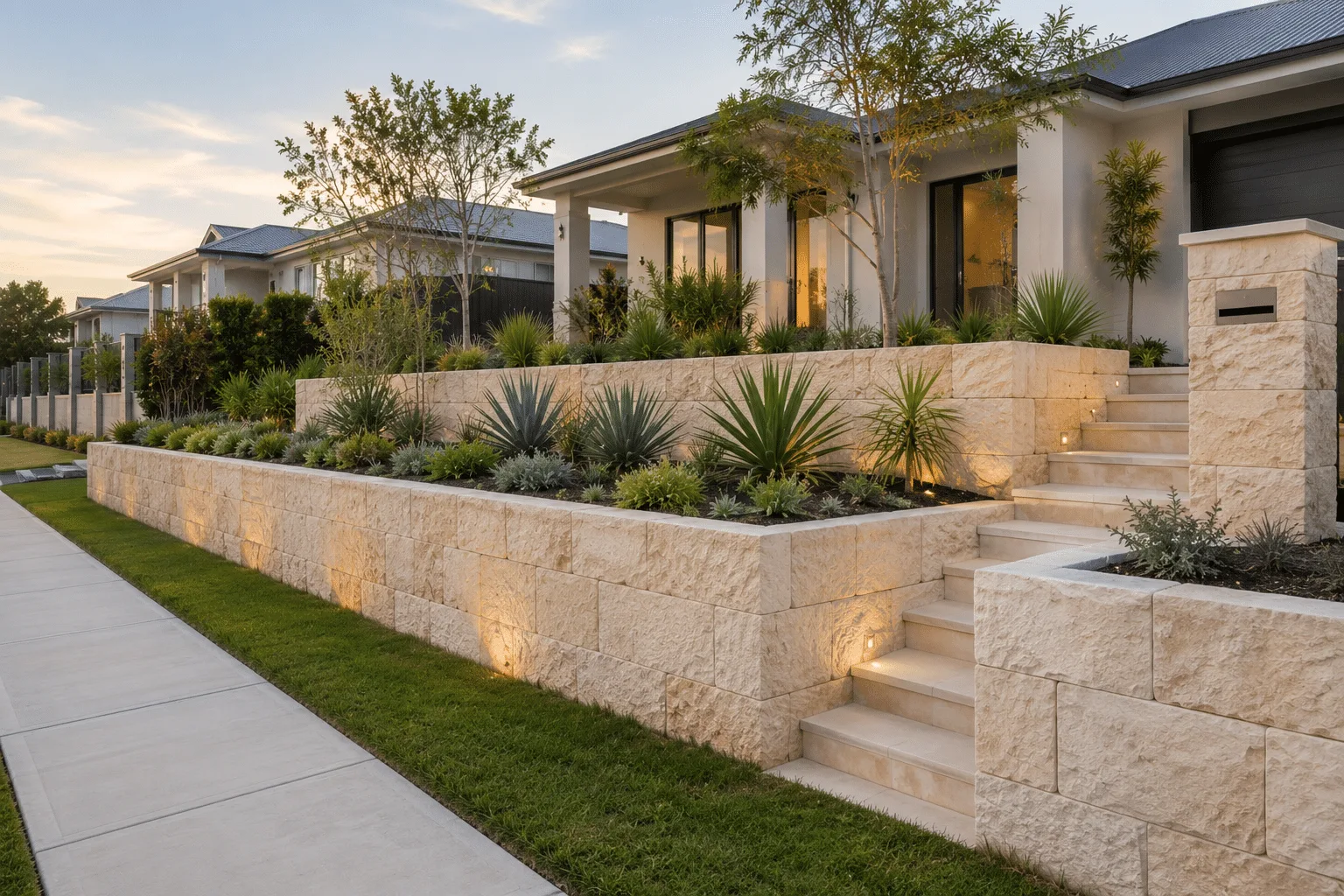 Limestone retaining wall with steps and garden beds at a home entrance