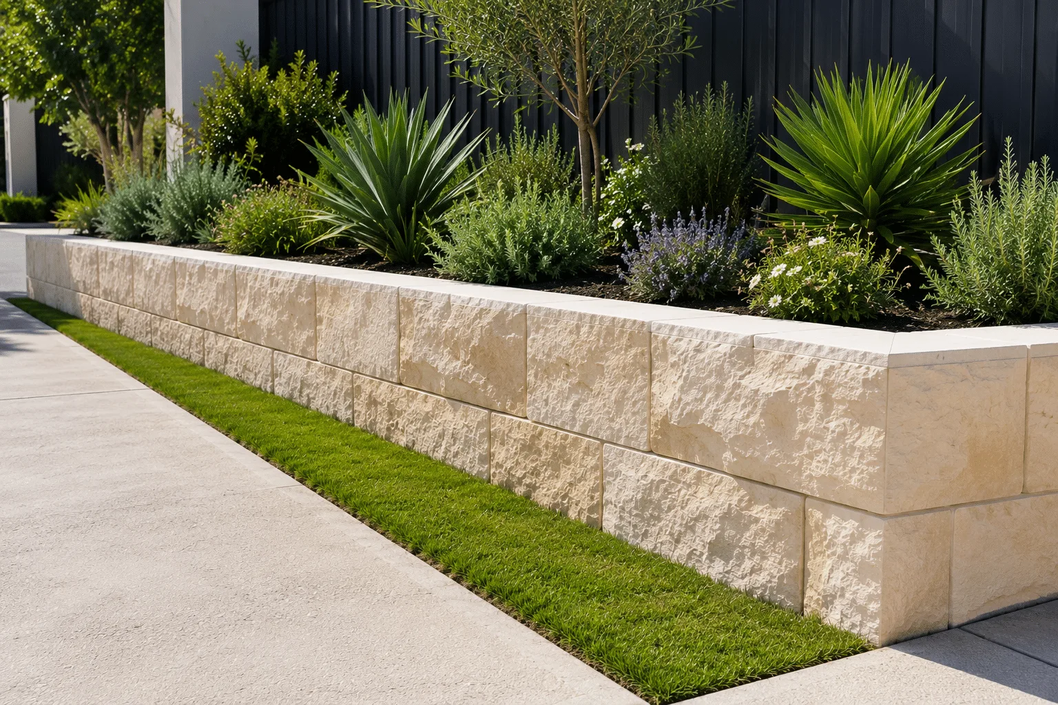 Limestone block retaining wall with garden planting