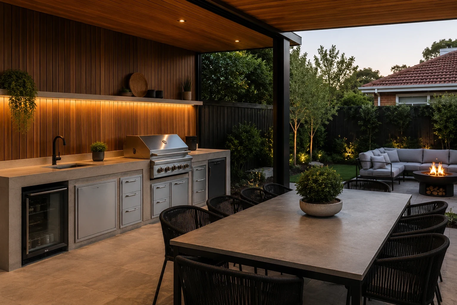 Built-in outdoor kitchen with BBQ under a covered timber pergola